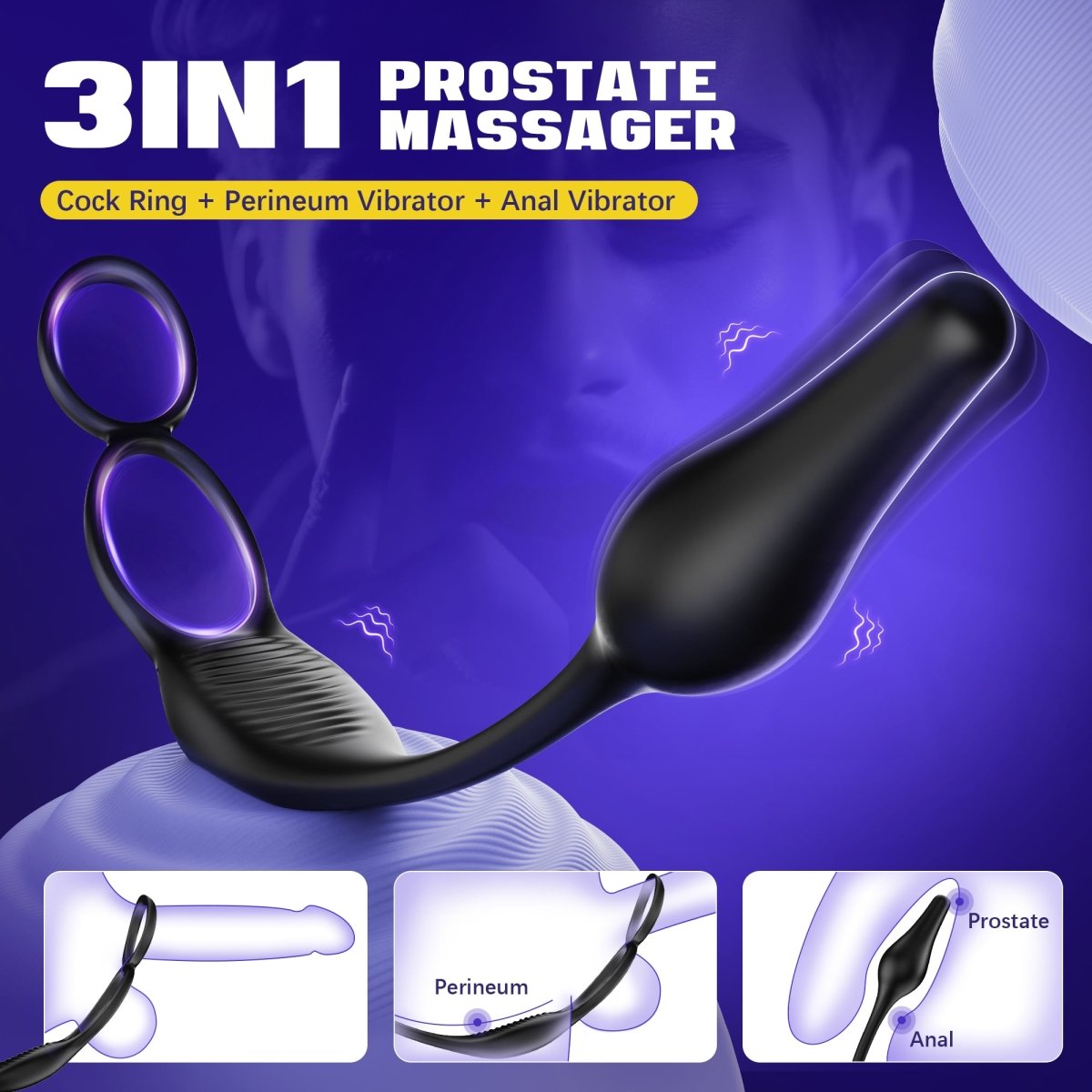a anal butt plug vibrator with double ring and texted 3 in 1 porstate massager 