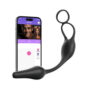 Black remote control device next to a smartphone displaying an app interface 