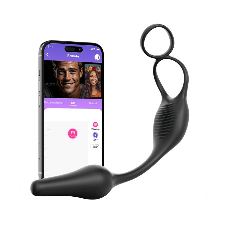 Black remote control device next to a smartphone displaying an app interface 