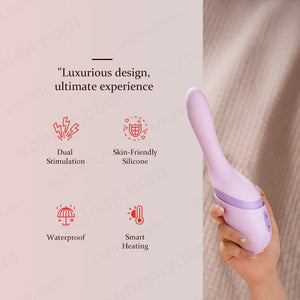 Purple electronic device held by a hand with text highlighting features on a light pink background