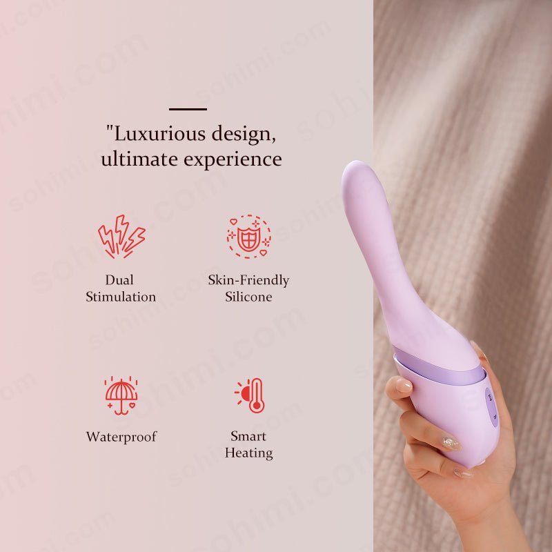 Purple electronic device held by a hand with text highlighting features on a light pink background