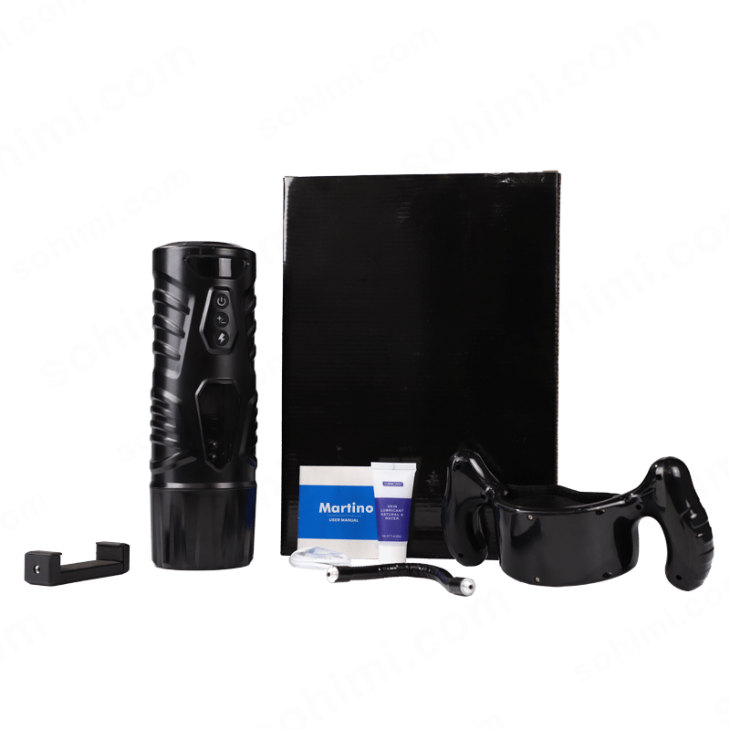 Black male sex toy set , black box, and other accessories on a green background with 'sohimi.com' branding.