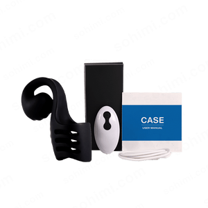 Black silicone penis ring with black case, white remote conyrol, and user manual on a green background with 'sohimi.com' branding.