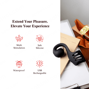 Black silicone clitoral ring with promotional text on a green background