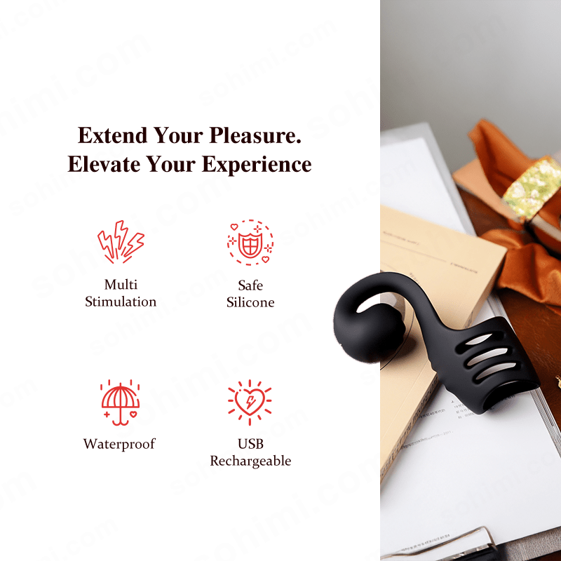 Black silicone clitoral ring with promotional text on a green background