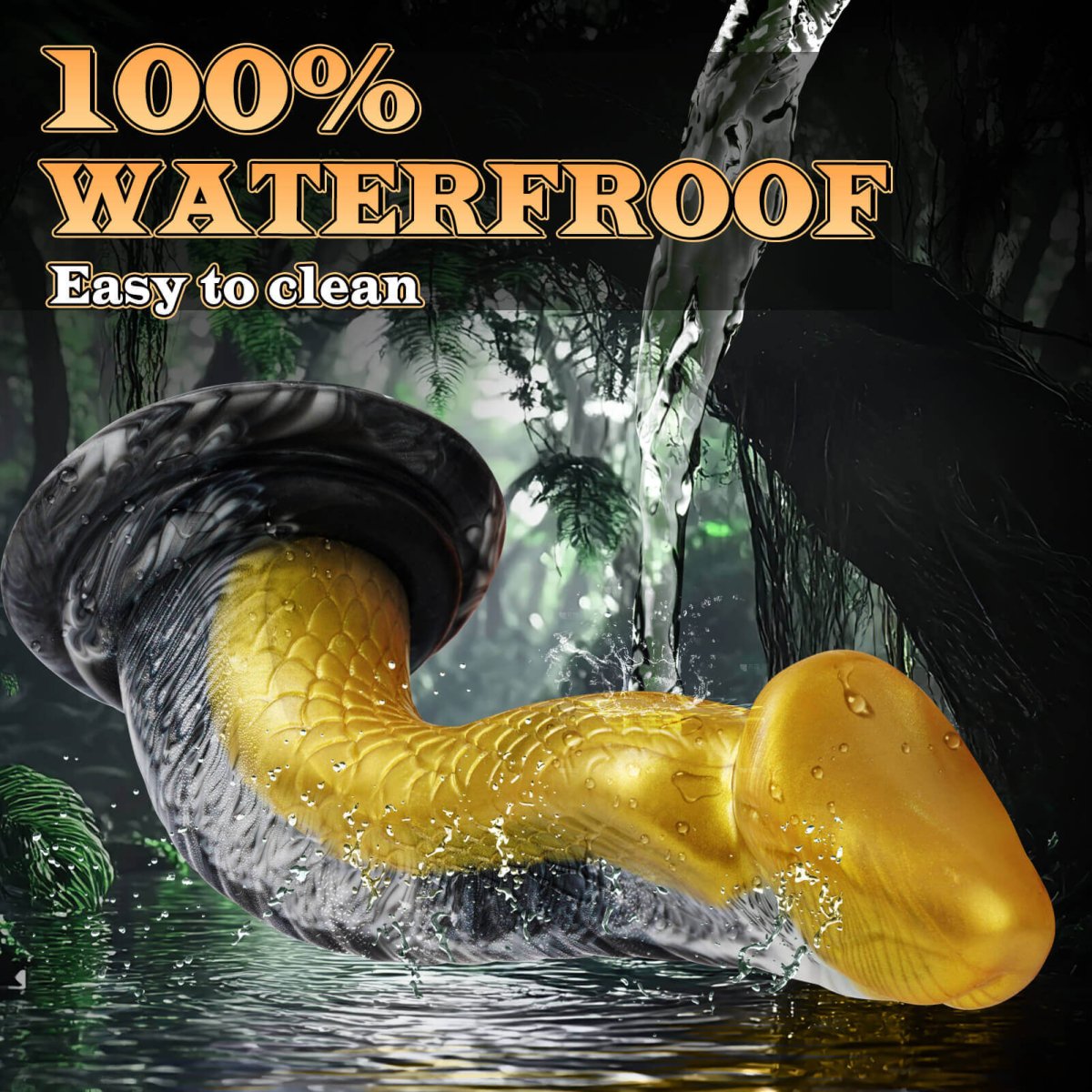 Monster Dildo with text 100% waterproof and easy to clean