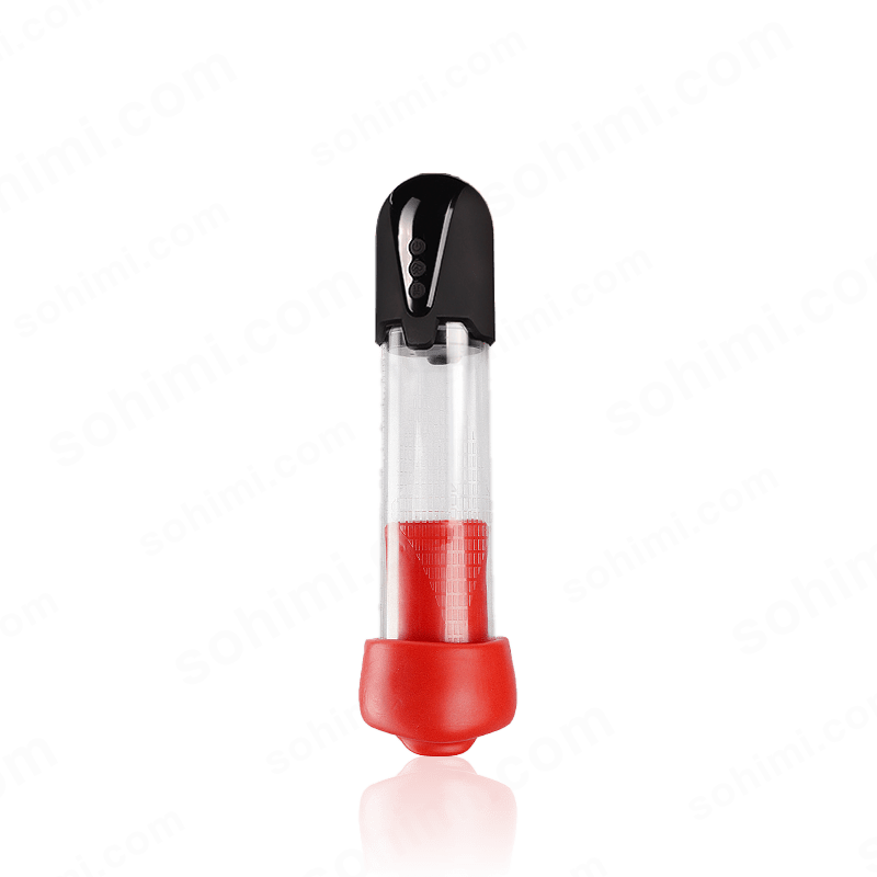 Red and black male sex toy with a clear top on a green background with 'sohimi.com' text.