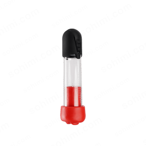 Clear male penis pump with black lid and red base on a white background