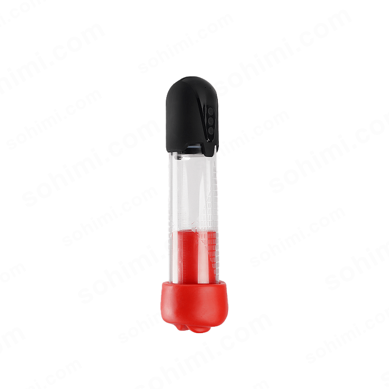 Clear male penis pump with black lid and red base on a white background