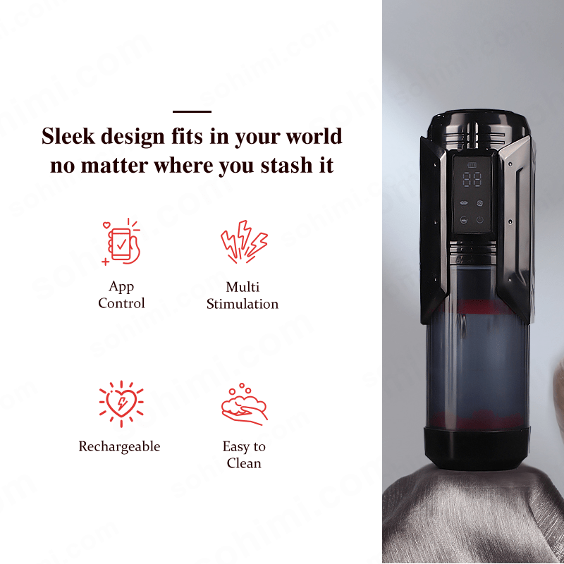 Product with features listed on a green background and a close-up of the product on a gray surface.