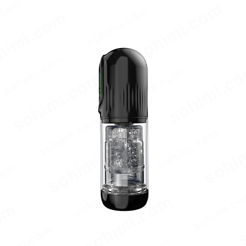 Black and clear male sex toy device on a green background with 'sohimi.com' text.