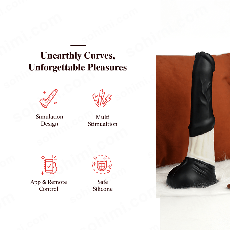 Black silicone dildo product with branding and text on a green background