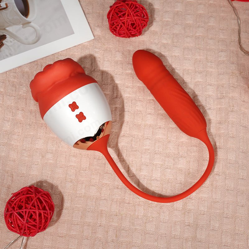 Red and white silicone product on a textured surface with red decorative balls and a mug.