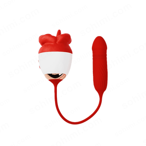 Red and white sex toy with a long red tail on a green background with 'sohimi.com' text.