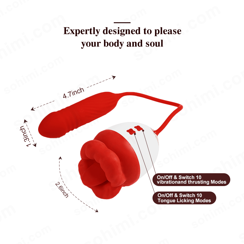 Red and white device with measurements and feature text on a white background