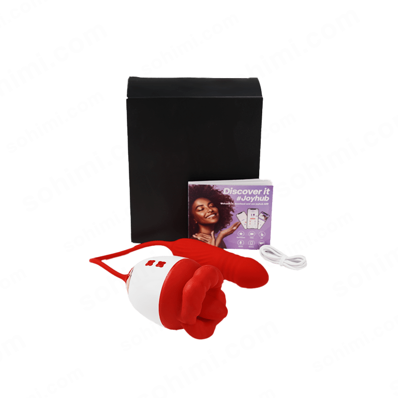red and white tongue vibrator with a black box, red and white item, and a card on a green background with 'sohimi.com' branding.