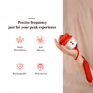 Red silicone product held by a hand with promotional text on a green background