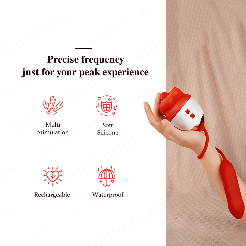 Red silicone product held by a hand with promotional text on a green background