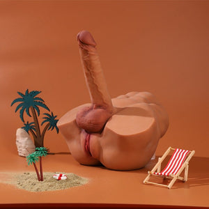 Lifelike Doll with dildo with a beach scene on an orange background