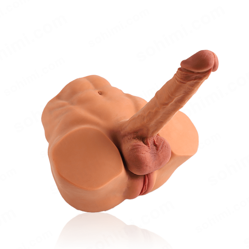 Lifelike doll with dildo on a transparent background with 'sohimi.com' branding.