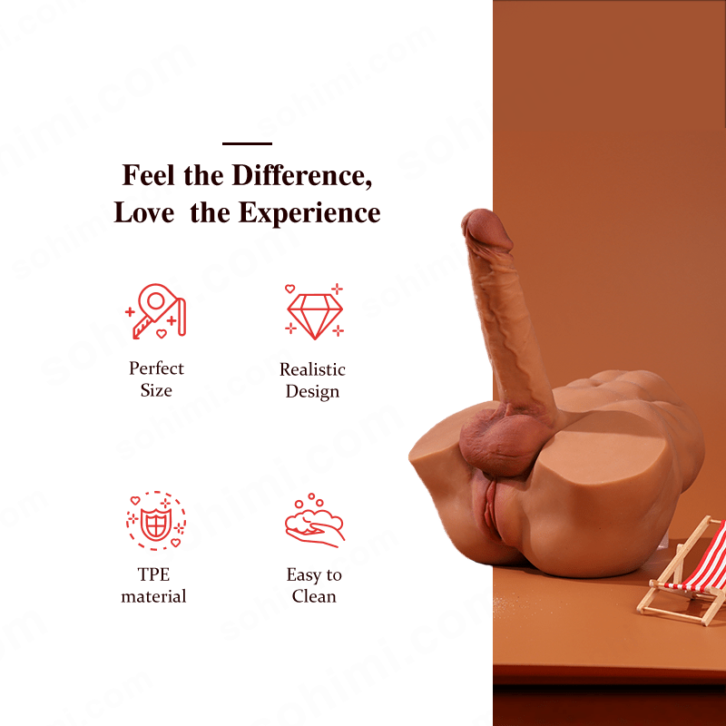 Realisttic sex doll toy with promotional text on a green and brown background