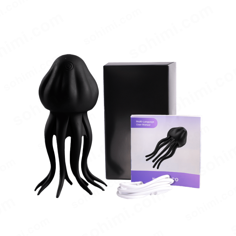 Black octopus-shaped product with packaging and cleaning brush on a branded background
