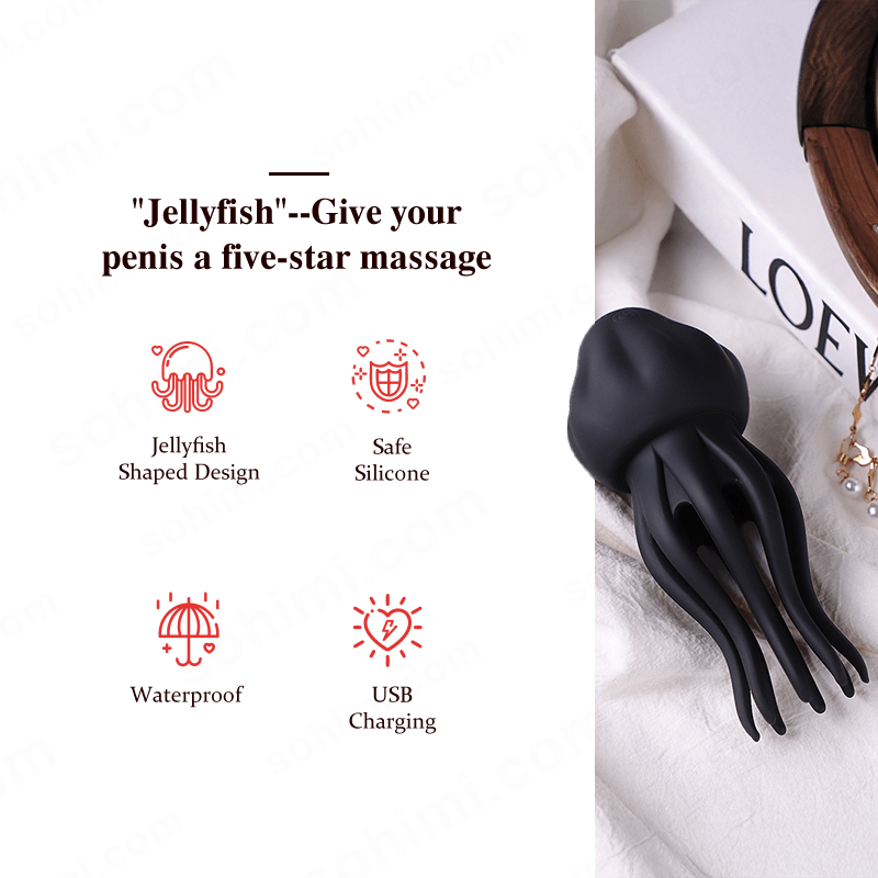 Black jellyfish-shaped Penis Trainer with promotional text on a green background