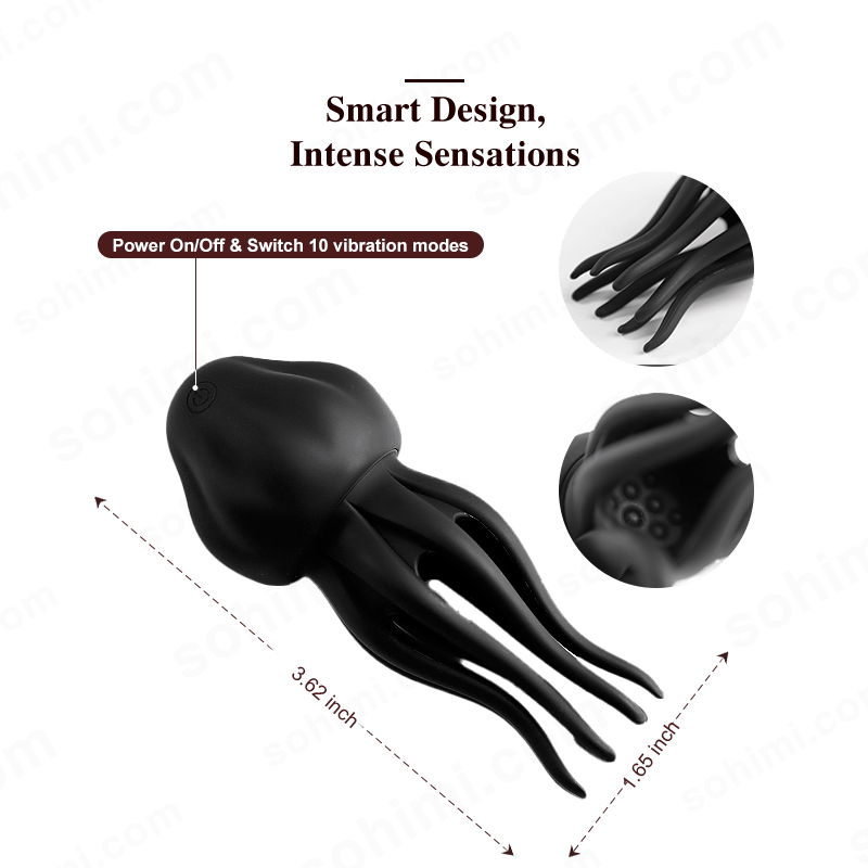 Black octopus-shaped Penis Trainer with vibration modes on a green background with 'sohimi.com' branding.