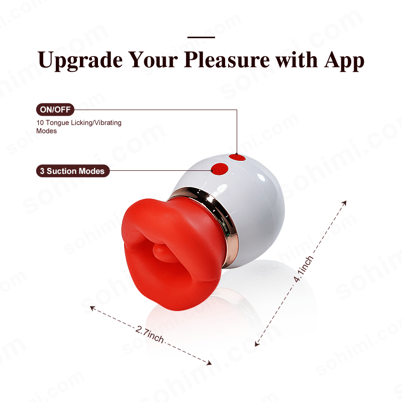 Red and white tongue licking sex toy with text 'Upgrade Your Pleasure with App' 
