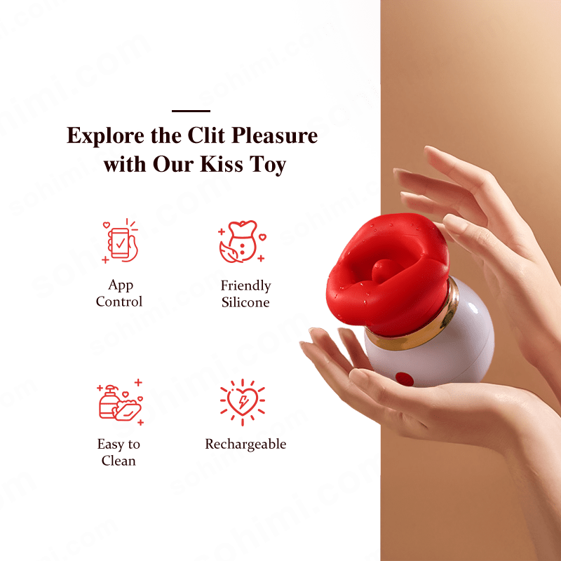 Red and white kiss toy held by hands with promotional text on a green background