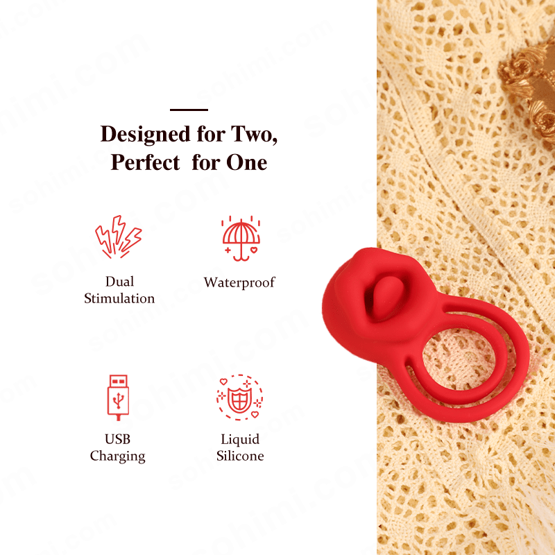 Red silicone ring with text on a green and beige background