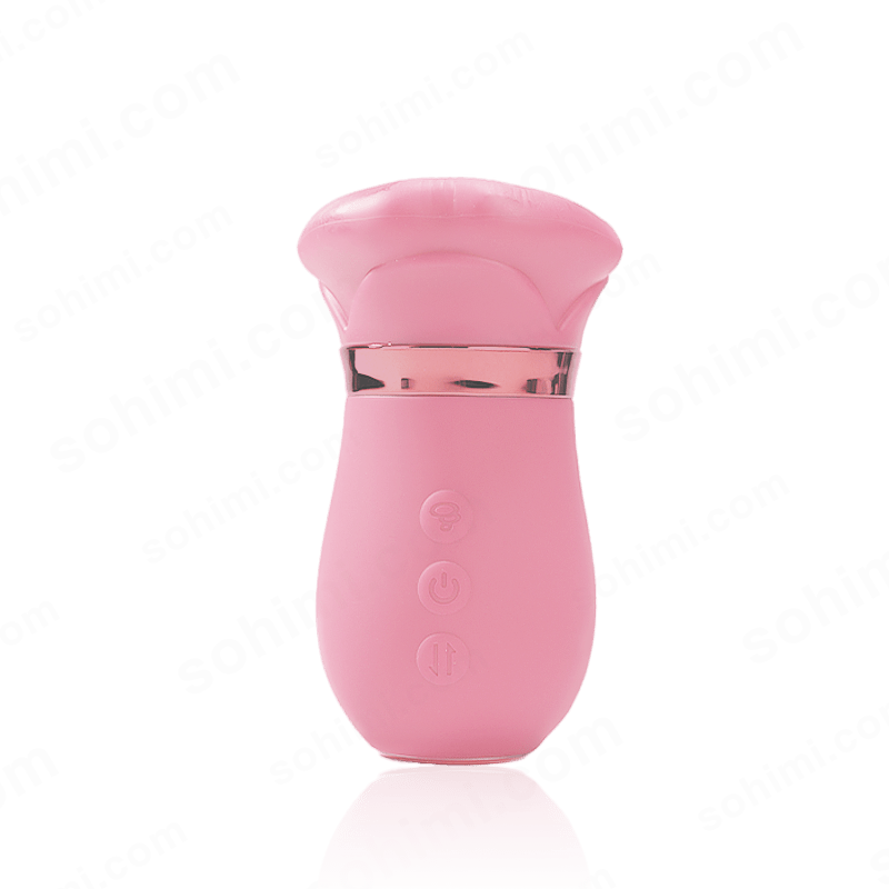 Pink handheld device with a rose gold accent on a white background