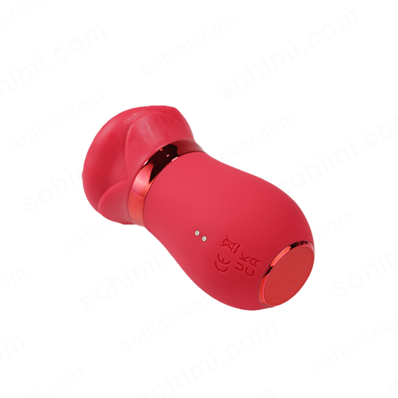 Red tongue sex toy with a brand logo on a green background with 'sohimi.com' text.