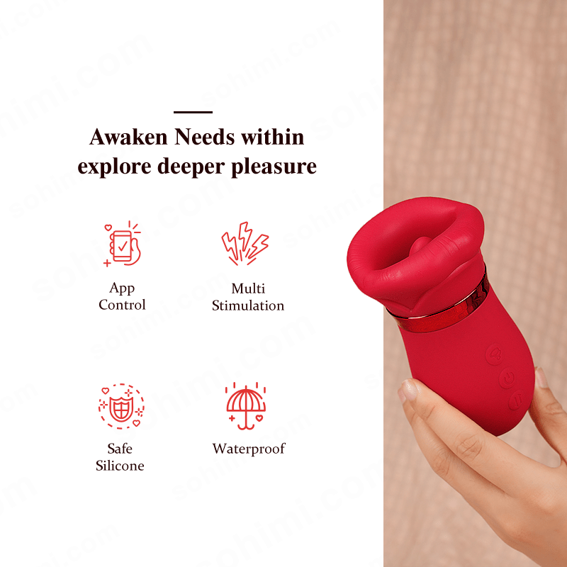 Red silicone product held by a hand with promotional text and Sohimi.com branding.