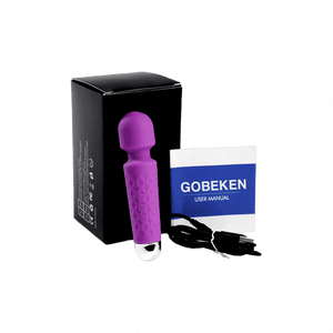 Purple toy with packaging, user manual, and cable on a green background with 'sohimi.com' text.