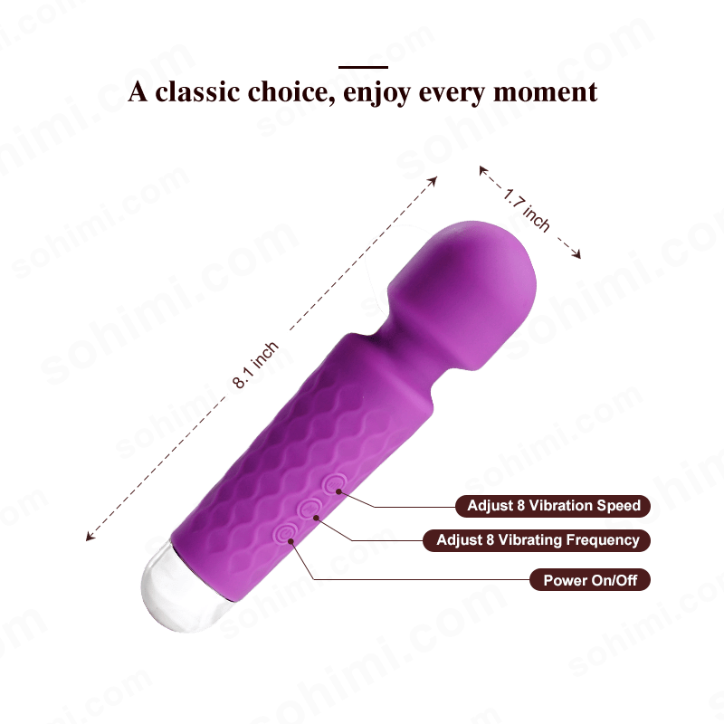 Purple electronic device with measurements and feature text on a white background