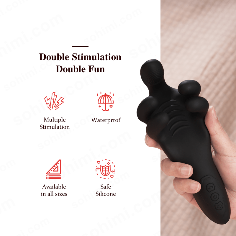 Black double-stimulation device held by a hand with promotional text on a green background.