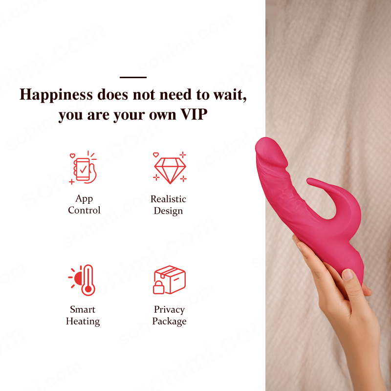 Pink electronic device held by a hand with text and icons on a white background