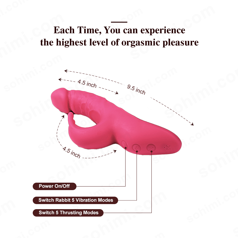 Pink sexual product with dimensions and feature labels on a white background