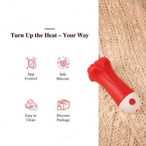 Red male penis trainer with white base on beige fabric, featuring 'sohimi.com' branding and product features.