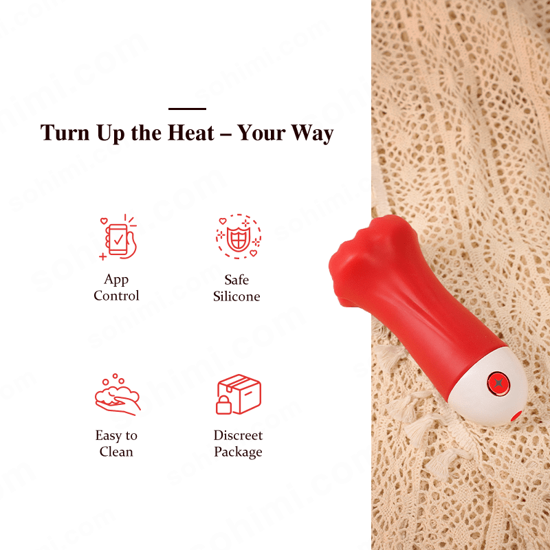 Red male penis trainer with white base on beige fabric, featuring 'sohimi.com' branding and product features.