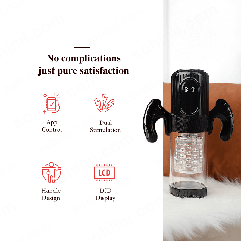 Black Male masturbator device with clear container on a white background, featuring 'sohimi.com' branding.