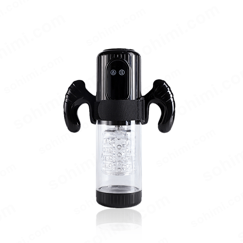 Black and clear Male masturbator with handles on a transparent background with 'sohimi.com' branding.