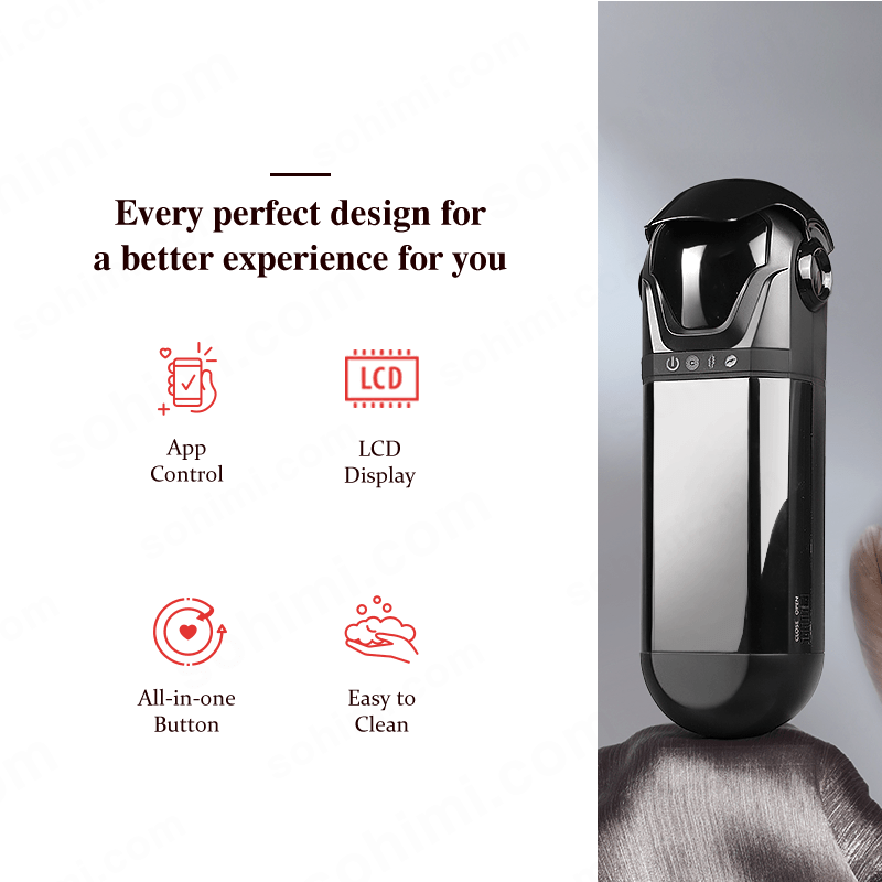 Black electronic device with features listed on a white background