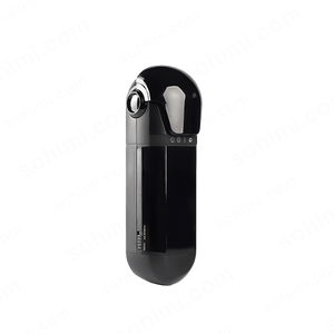 Black male sex toy with charging case on a green background with 'sohimi.com' text.