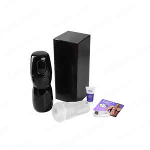 Black male masturbator, black container, white cap, and purple user manual 
