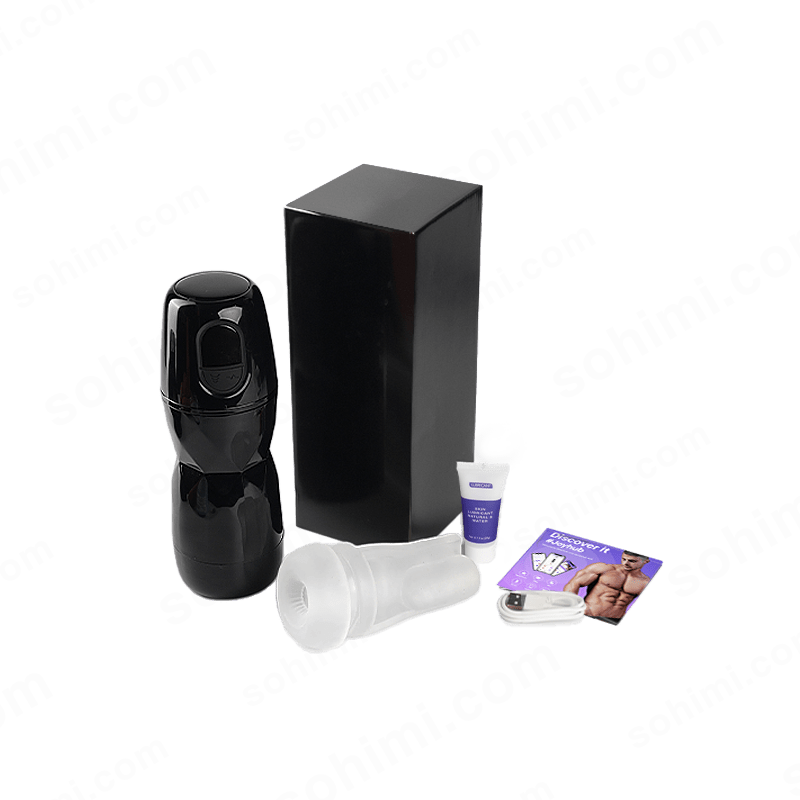 Black male masturbator, black container, white cap, and purple user manual 