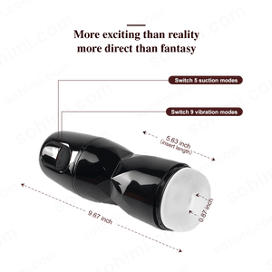 Black Suction and Vibrating male masturbator with text and measurements on a green background