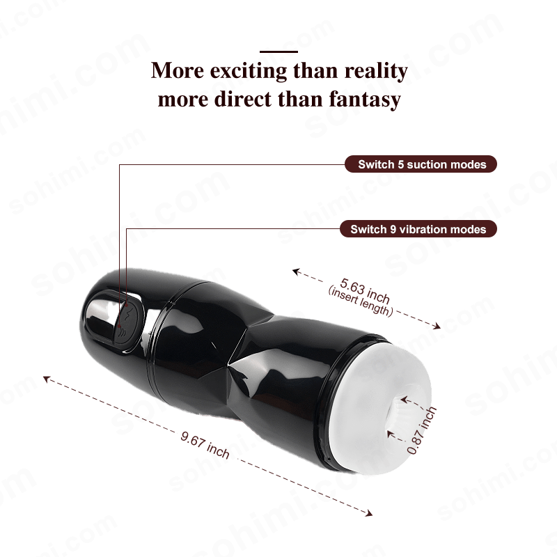 Black Suction and Vibrating male masturbator with text and measurements on a green background