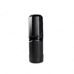 Black Thrusting and Rotating Vibration Male Masturbation Cup device on a green background with 'sohimi.com' text.